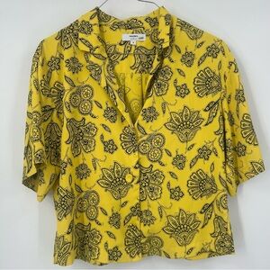 Saunders Collective Shirt Women’s Size 4 Yellow Black Floral Short Sleeve Boxy